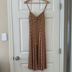 Brown and White Midi Dress with Spaghetti Straps